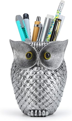HDMbigmi Portalápices de búho para maquillaje, organizador de escritorio de resina para oficina, escuela y hogar (bronce)