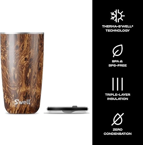 Miniatura 3 de S'well Vaso de acero inoxidable con tapa deslizante, 18 onzas, madera de teca, recipientes aislados al vacío de triple capa que mantiene las bebidas