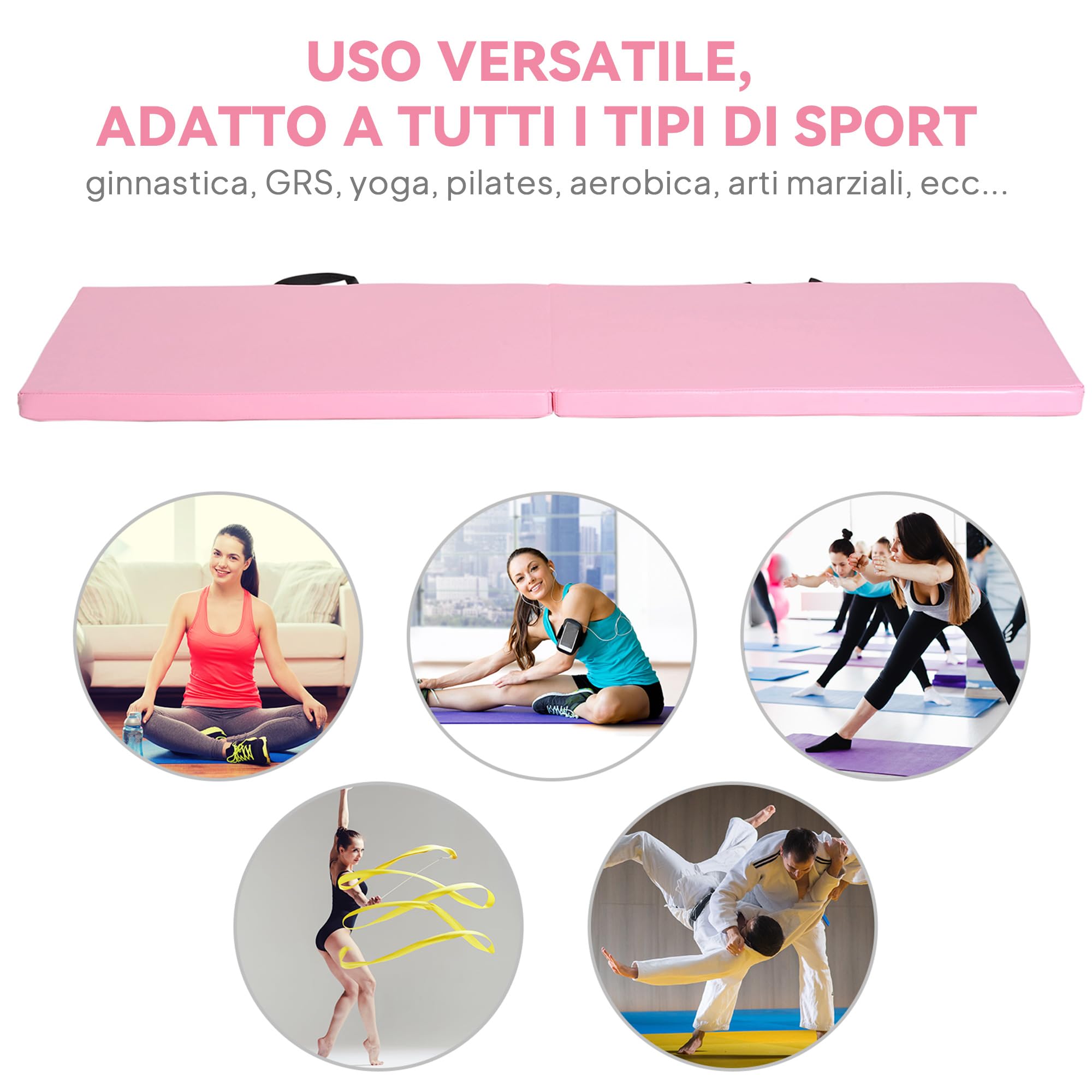 HOMCOM Tappetino da Ginnastica Pieghevole, Materassino Fitness Spesso 5 cm e Antiscivolo, Tappeto da Palestra Salvaspazio per Yoga e Pilates, 180x60 cm, Rosa