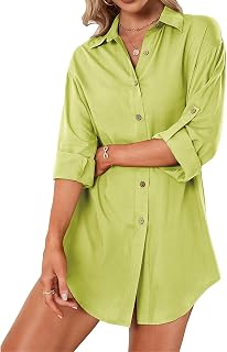 Silunma2021 Women's Button Down Loose Casual Shirts Solid Color Plus Size Comfort Shirts V-Neck Sexy Long Sleeve Blouses