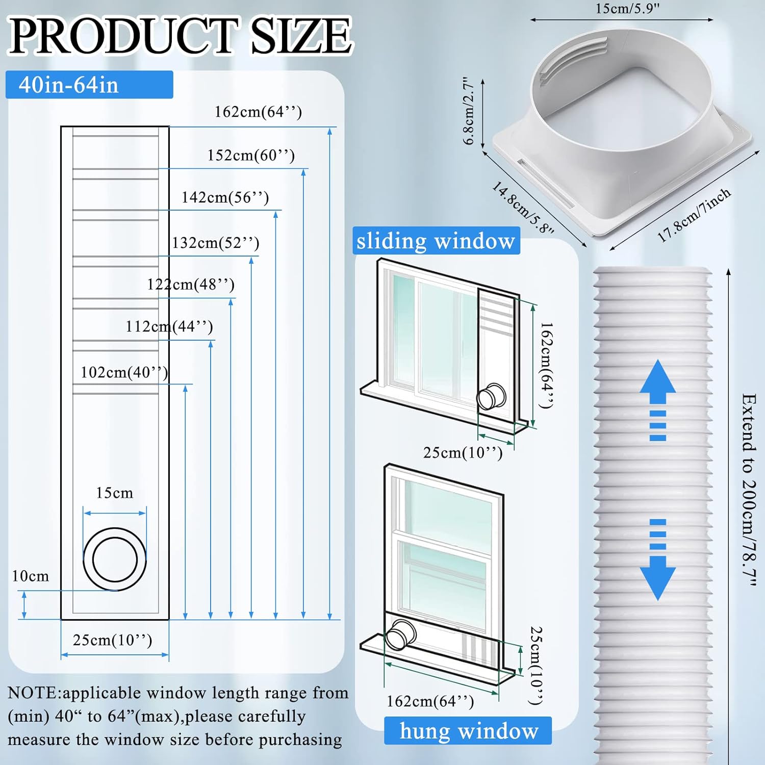 Outus Window Kit for Portable Air Conditioner 10 x 40-64 Inch Adjustable Length Waterproof with 5.9'' Diameter 80'' Long Portable Air Conditioner Hose and Square Exhaust Hose Coupler for Office Home