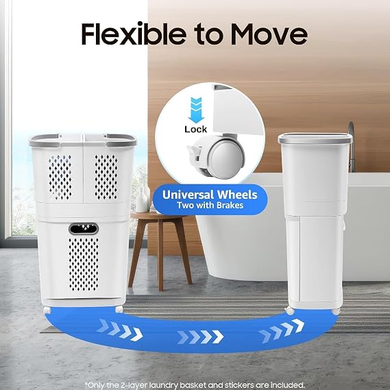 2-Tier Laundry Hamper Sorter, Floor-Standing 360 Rolling Laundry Baskets