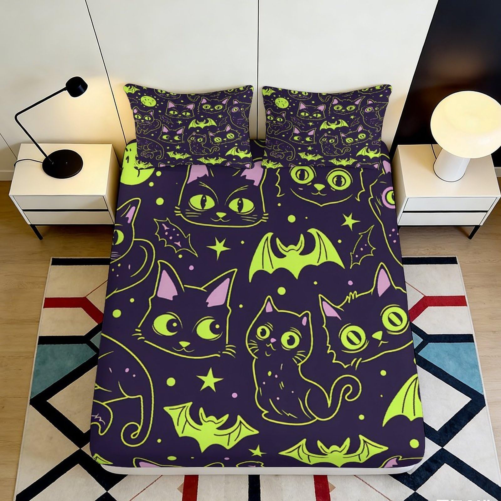 Dhbaneiok Style-3 3D Printed Black Cat Fitted Sheet Microfiber Soft Glow Bat Bed Cover For Bedroom Dorm Room Mattress Decor 90X200x25cm