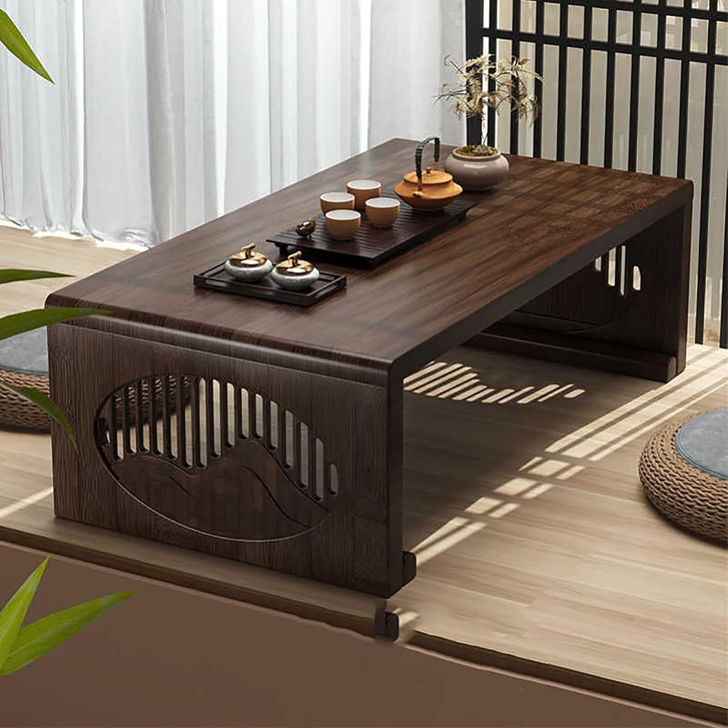 RQLSSSLMXJ Foldable Tatami Tea Table - Collapsible Coffee Table for Floor Sitting, Bamboo Design for Living Room, No Assembly Required