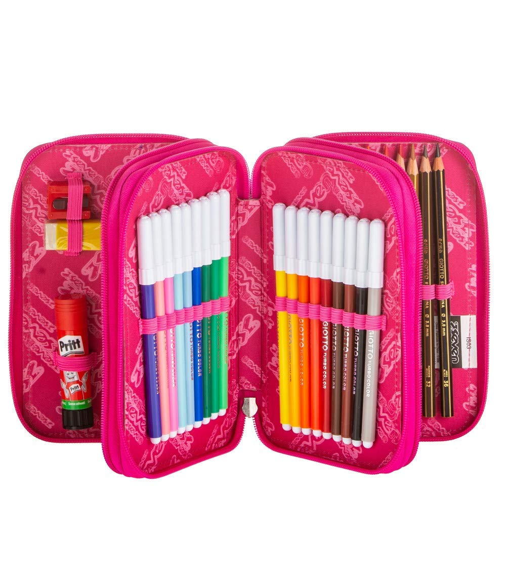 ZAINO SCUOLA SEVEN New Advanced Keys Supporto USB viola cuori ragazza + ASTUCCIO 3 PIANI COMPLETO + astuccio 3 piani completo zip + portachave paillettes + omaggio 10 penne colorate