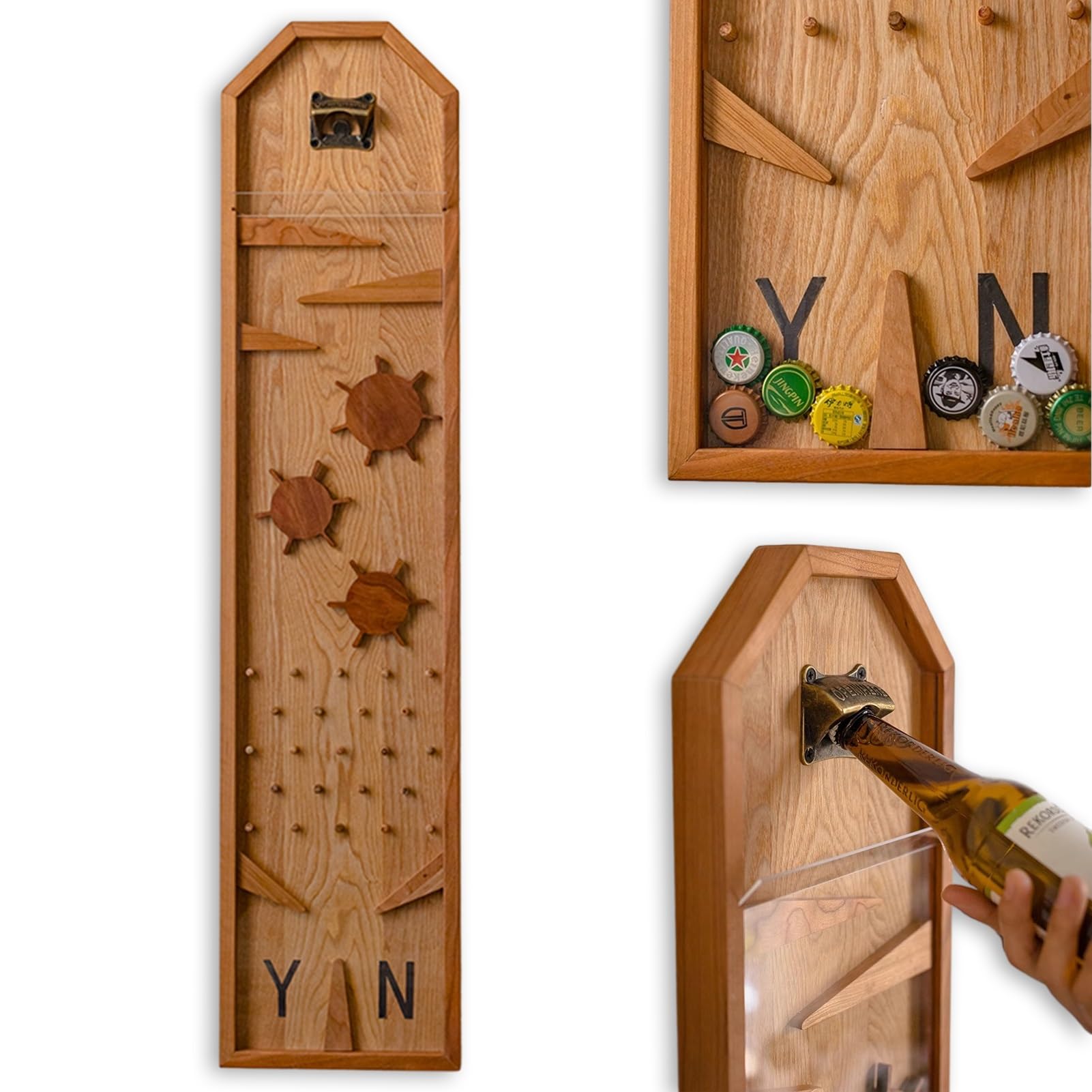 Abridor de botellas de cerveza montado en la pared, de madera rústica, atrapador de tapas de cerveza y refrescos, ideal para los amantes de la cerveza, regalos únicos de inauguración de la casa, ideal