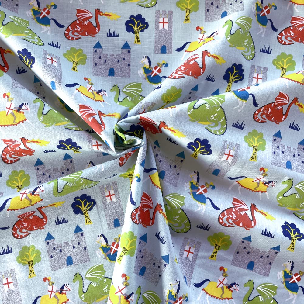 Oh Sew Crafty Limited Blue Polycotton Fabric Knights Dragon Castles Fairytale Fantasy (Per Metre) (Blue)