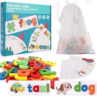 NASHRIO Alphabet Flash Cards Wooden Letter Puzzle See & Spell Learning Educational Toys for Toddlers Boys Girls 3+ Years, 80Pcs Preschool ABC Sight Words Matching Games(28 Cards& 52 Block)