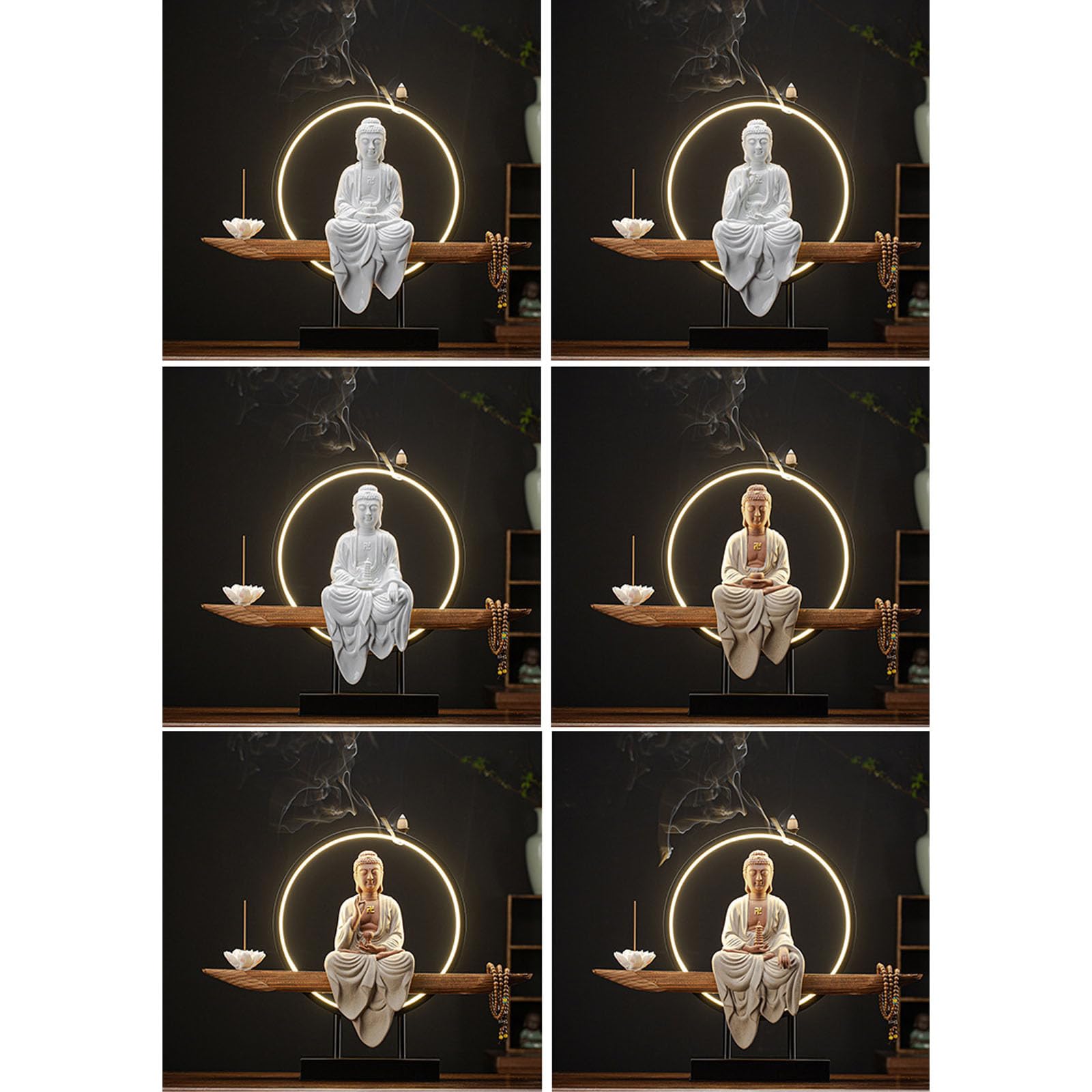 Buddhistische Statue mit Räuchergefäß, LED-Kreis, 3D-Wandleuchter, Zen-Licht für Wanddekoration im Wohnzimmer und Veranda