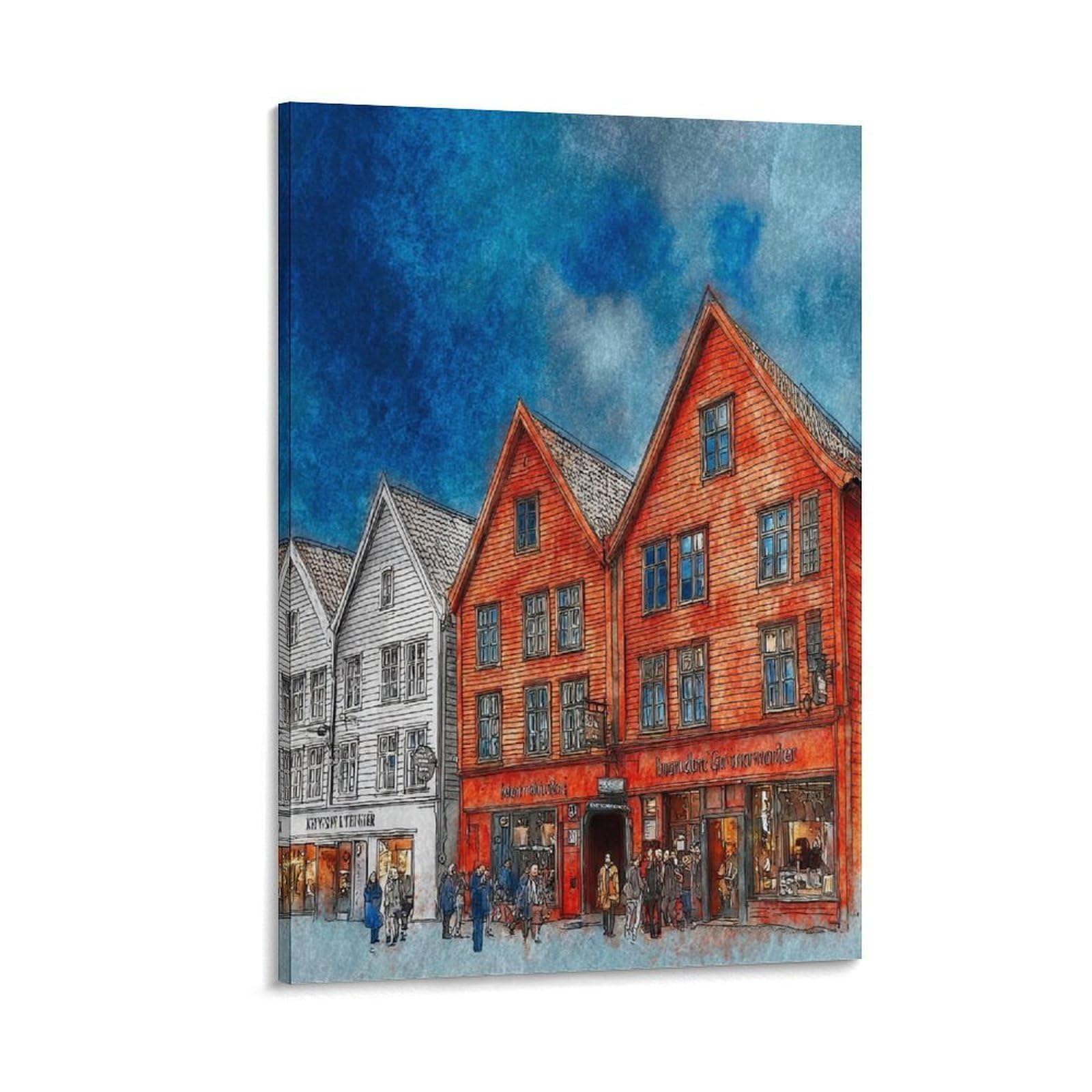 Cnaheiz Frame-Style Bergen Norway 16X24inch(40X60cm) Vintage Travel Poster Watercolor Canvas Art