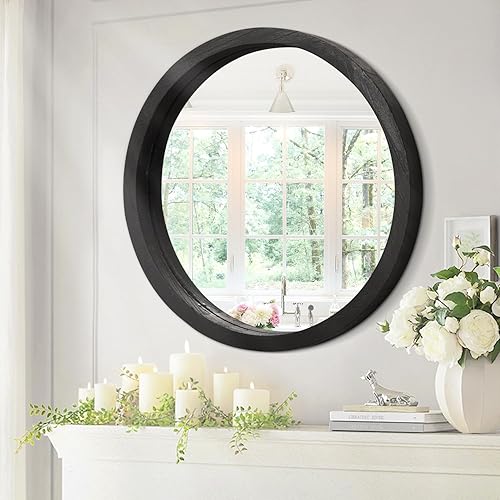 Miniatura 124 de JJUUYOU Espejo circular de pared redondo para baño, espejo de tocador marrón rústico, pequeño círculo decorativo para pared, marco de madera, espejo