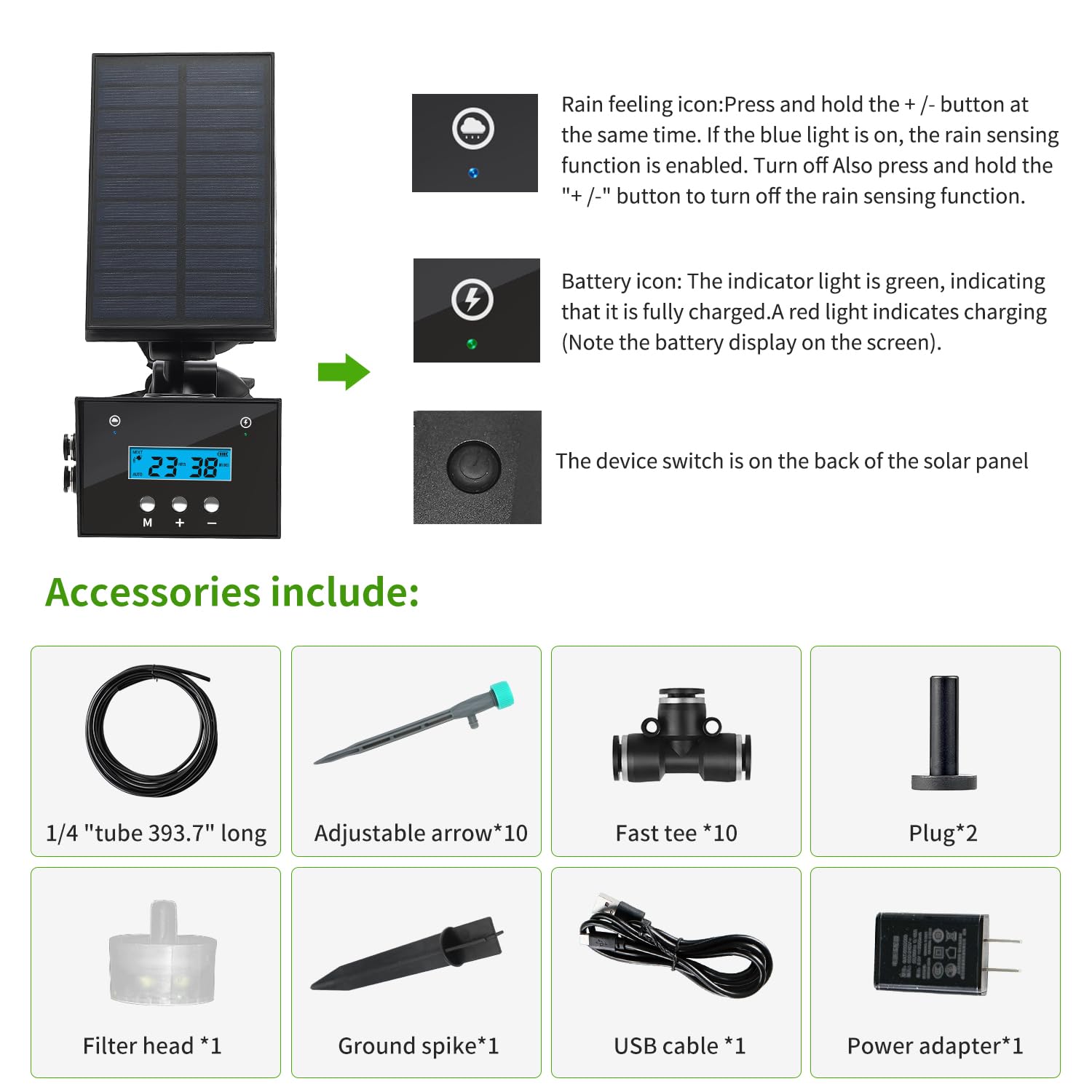 Sistema di irrigazione a goccia solare, sistema di irrigazione automatico per giardinaggio all'aperto, batteria 2200 mA e funzione di rilevamento pioggia, per cortili, balconi, giardini, 10