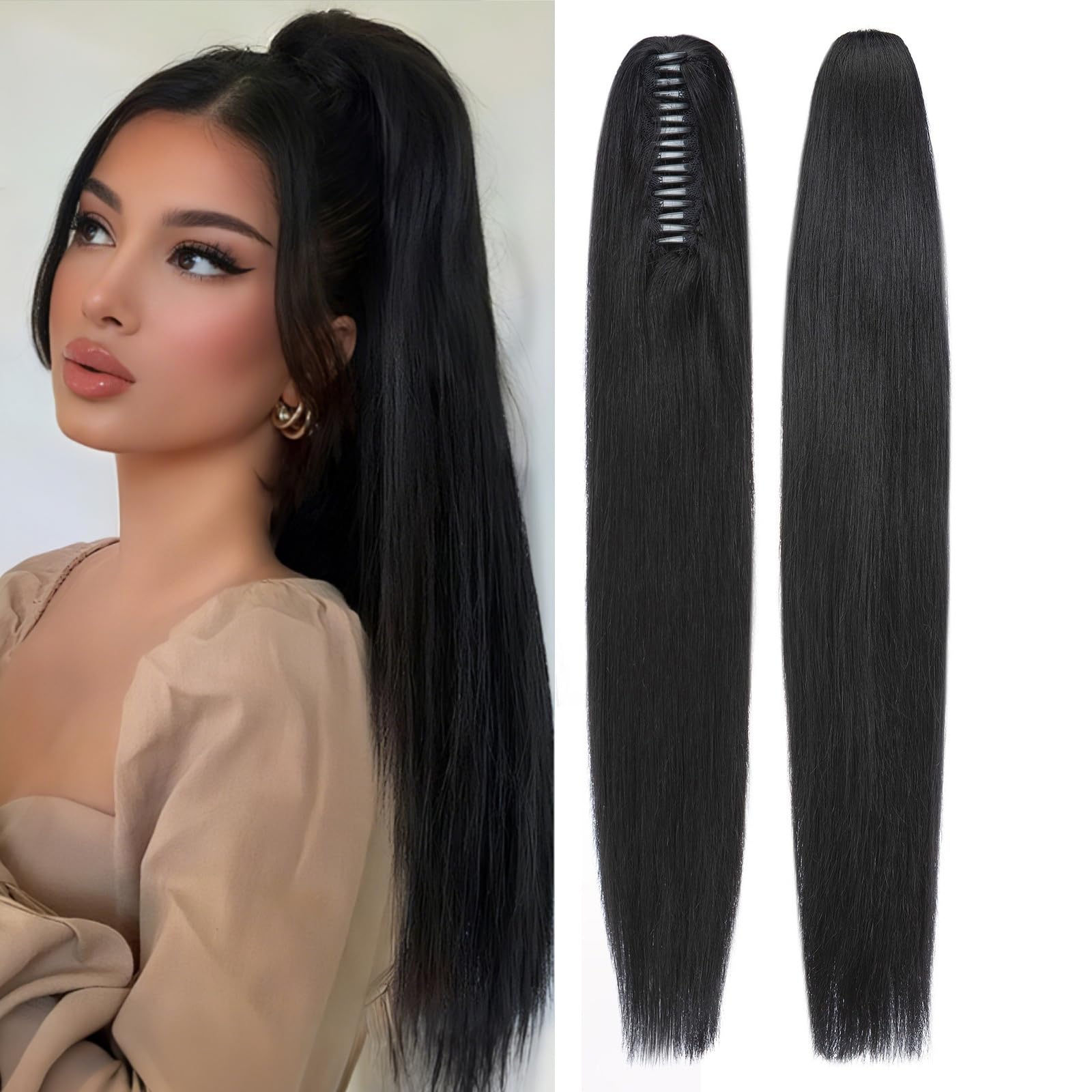 s-noilite claw clip ponytail extension human hair #1 jet black real remy human hair ponytail extension 18inch long straight hair pony tails hair extensions for women 115grams