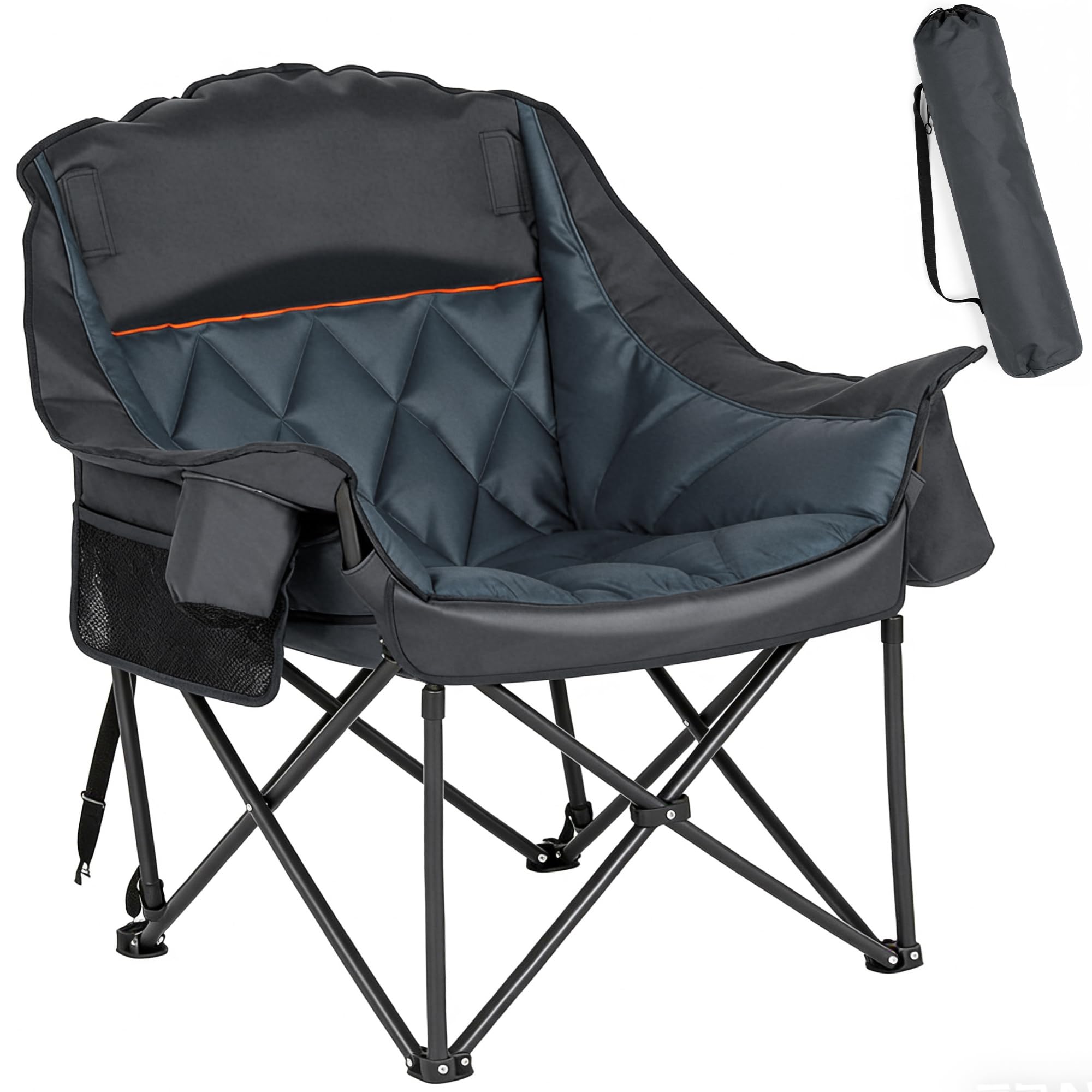 SogesGame Übergroßer Campingstuhl Faltbar Gepolstert mit Kopfstütze,Outdoor Klappbar Campingsessel Klappstuhl mit Getränkehalter,Kühltasche,Aufbewahrungsnetzen,für Camping Garten Angeln,Schwarz
