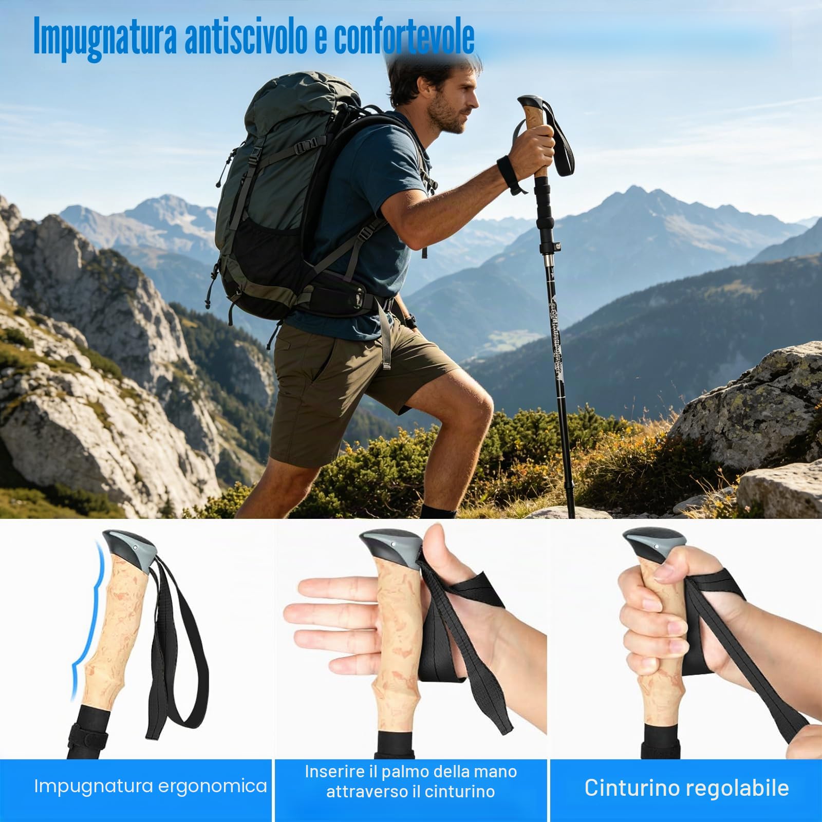 2 PCS Bastoni da Trekking Telescopici 110-130cm Uomo Donna, Ultra-Leggeri in Alluminio 7075, Bastoni da Passeggiata con Impugnatura in Sughero per Escursionismo, Nordic Walking e Sci Alpinismo