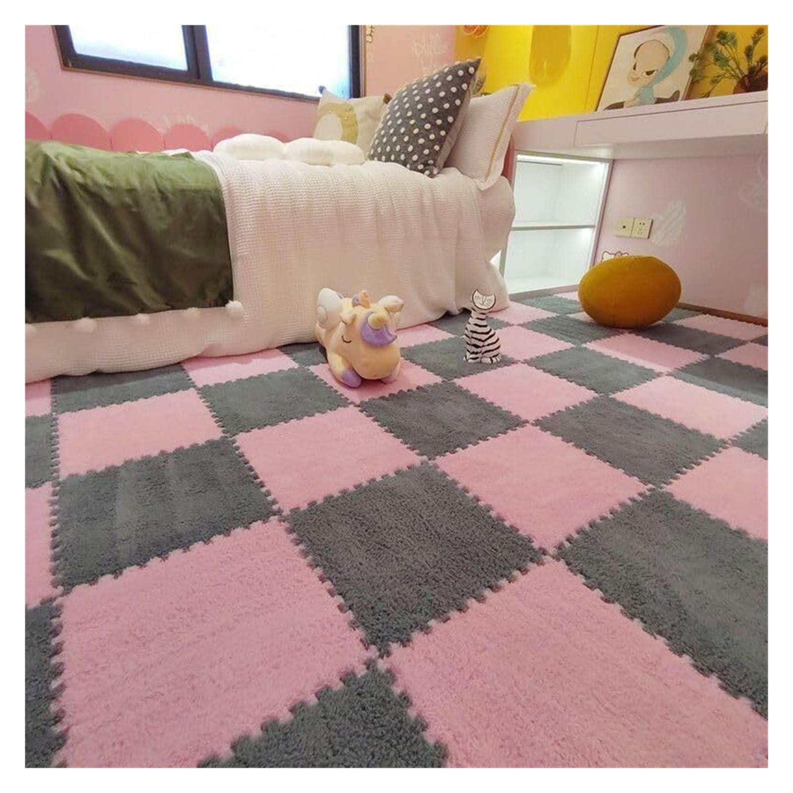 Puszysty, pluszowy dywanik-puzzle z pianki, 5 szt. Kwadratowych, blokujących się puszystych płytek dywanowych(Pink+gray)