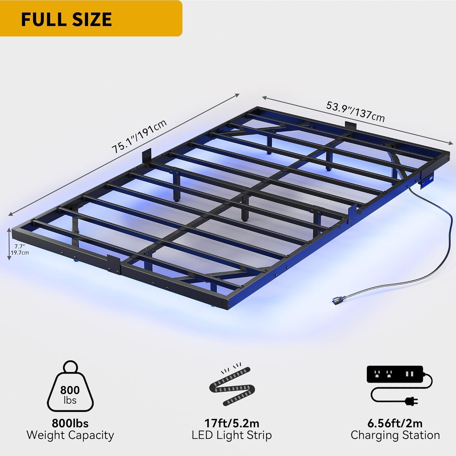 Diagram showing full size bed frame dimensions, weight capacity, LED light strip length, and charging station details