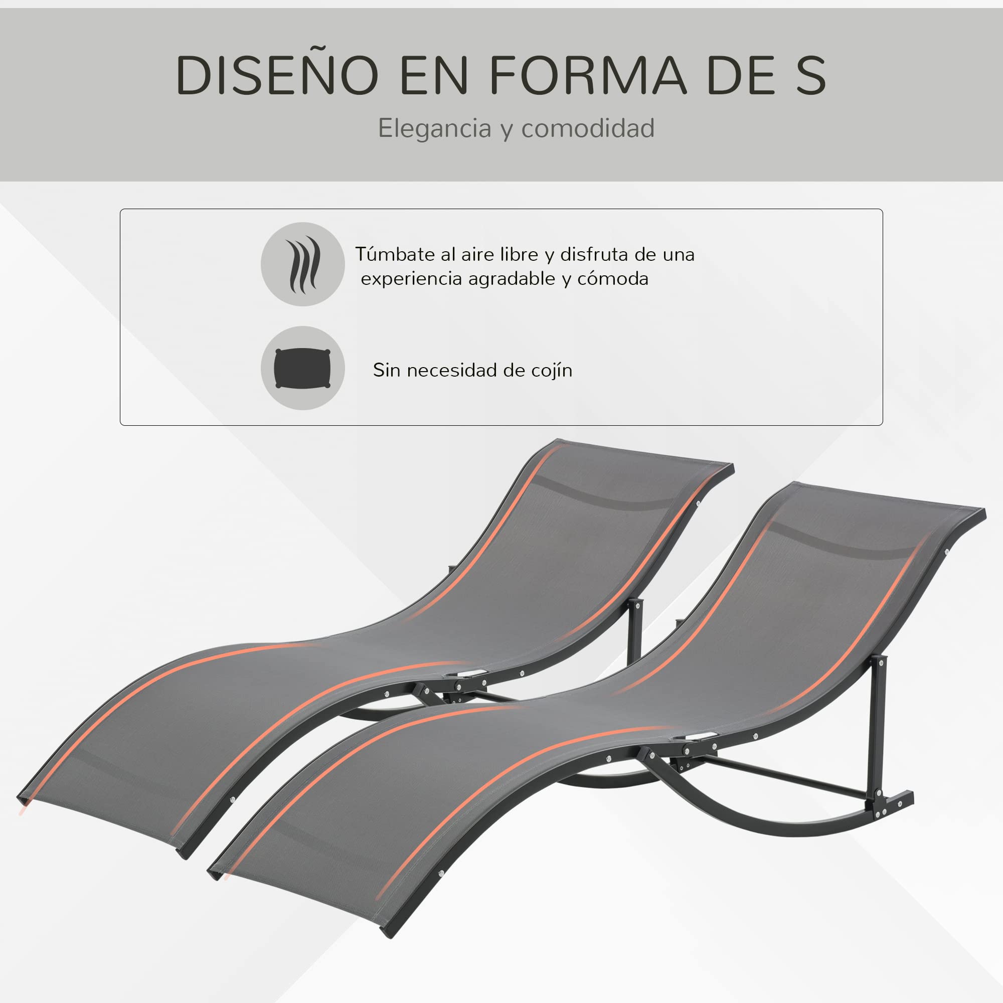 Outsunny 2 Tumbonas Plegables Tumbonas de Jardín en Forma de S con Marco de Aluminio Texteline para Piscina Patio Terraza 165x61x63 cm Gris Oscuro