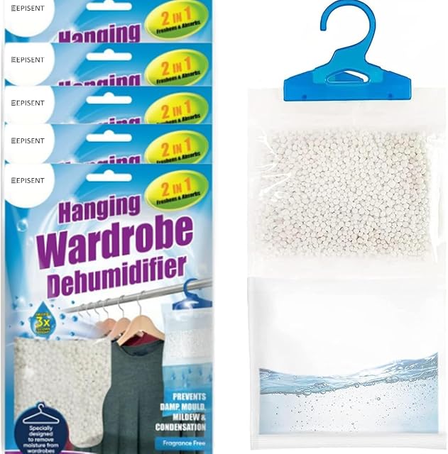 EPISENT Hanging Wardrobe Dehumidifier - Fast Acting Natural Hydrophilic Crystals - Helps Prevent Damp Mildew Mould Condensation - Ideal for Use Around the Home, Office, Vehicles, & Small Spaces (24)