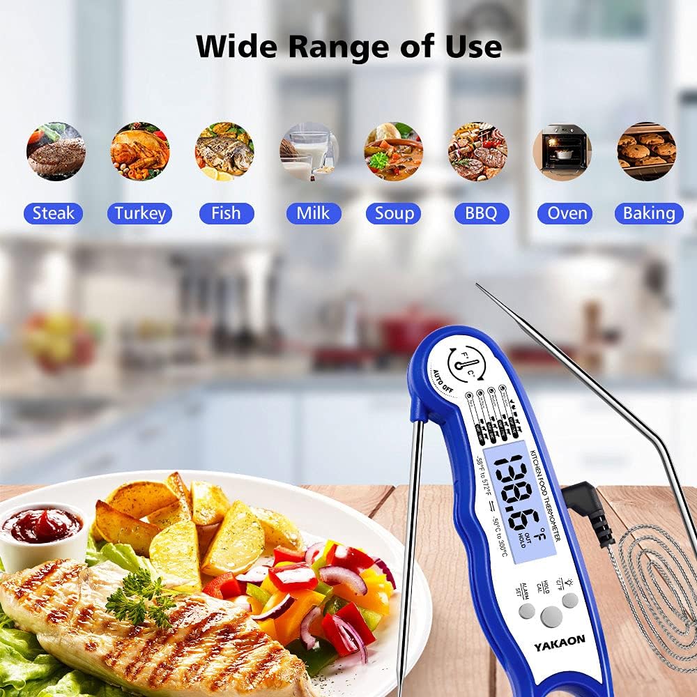 review Meat Thermometer, YAKAON Upgraded Instant Read, 2-in-1 Ultra Fast Digital Meat Thermometer for Cooking, Oven Safe Food Thermometer with Backlight, Magnet, Calibration for Deep Fry, BBQ, Grill, Turkey
