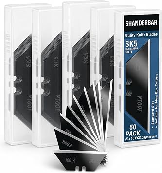 50 Pack Utility Knife Blades, Black SK5 Steel Box Cutter Refills