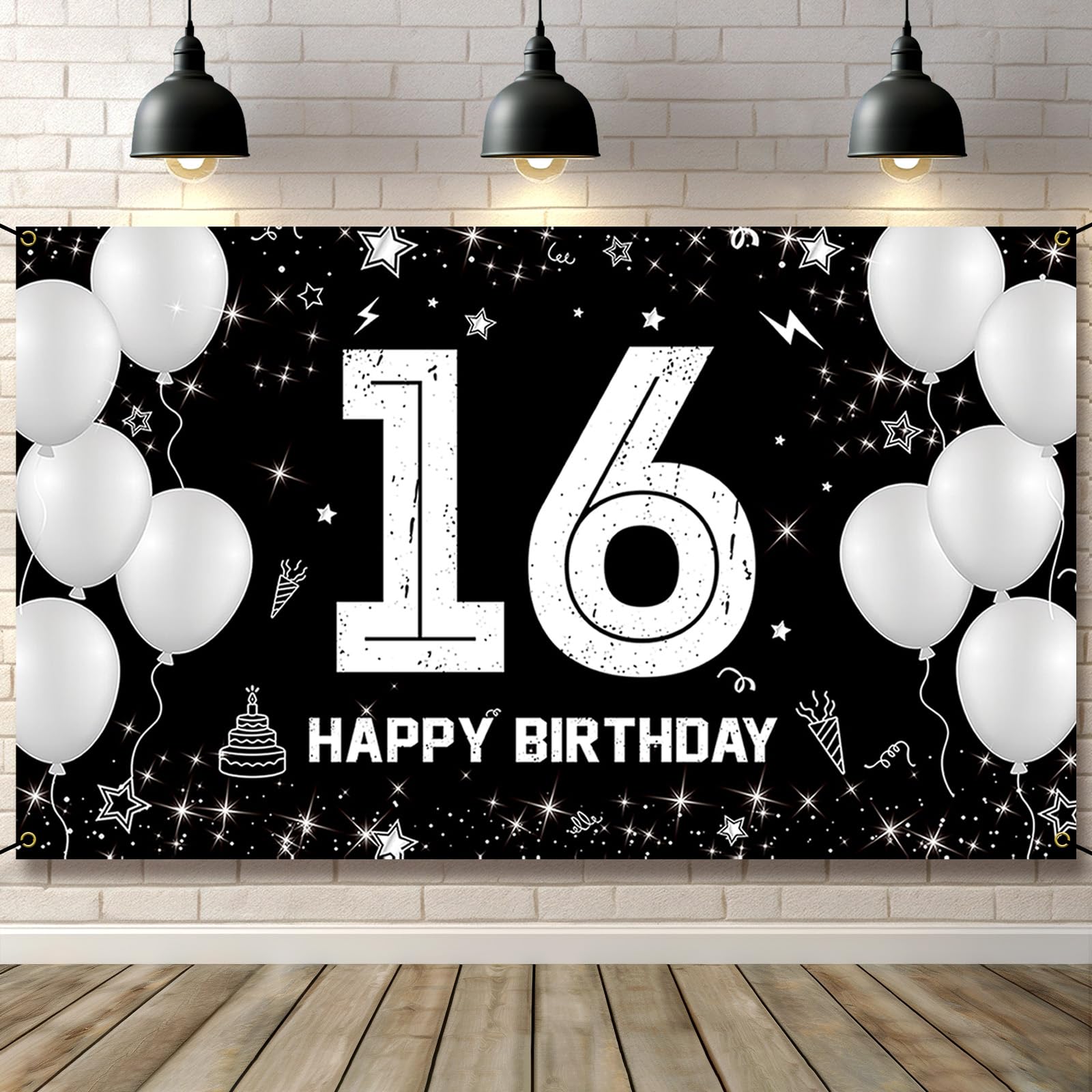HTDZZI Happy 16th Birthday Decorations for Boys Girls - Fabric Black Silver 16 Birthday Backdrop Banner, Yard Sign, Photo Booth Props - Sixteen