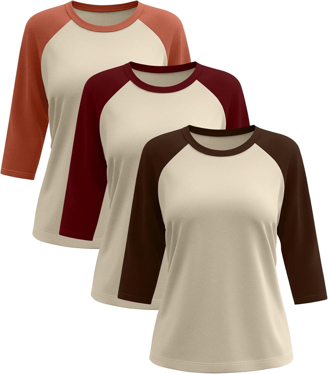 Huukeay 3 Pack Women's 3/4 Sleeve Raglan Shirts, Crew Neck Casual Baseball Tops Color Block Basic Jersey Tees - Image 3