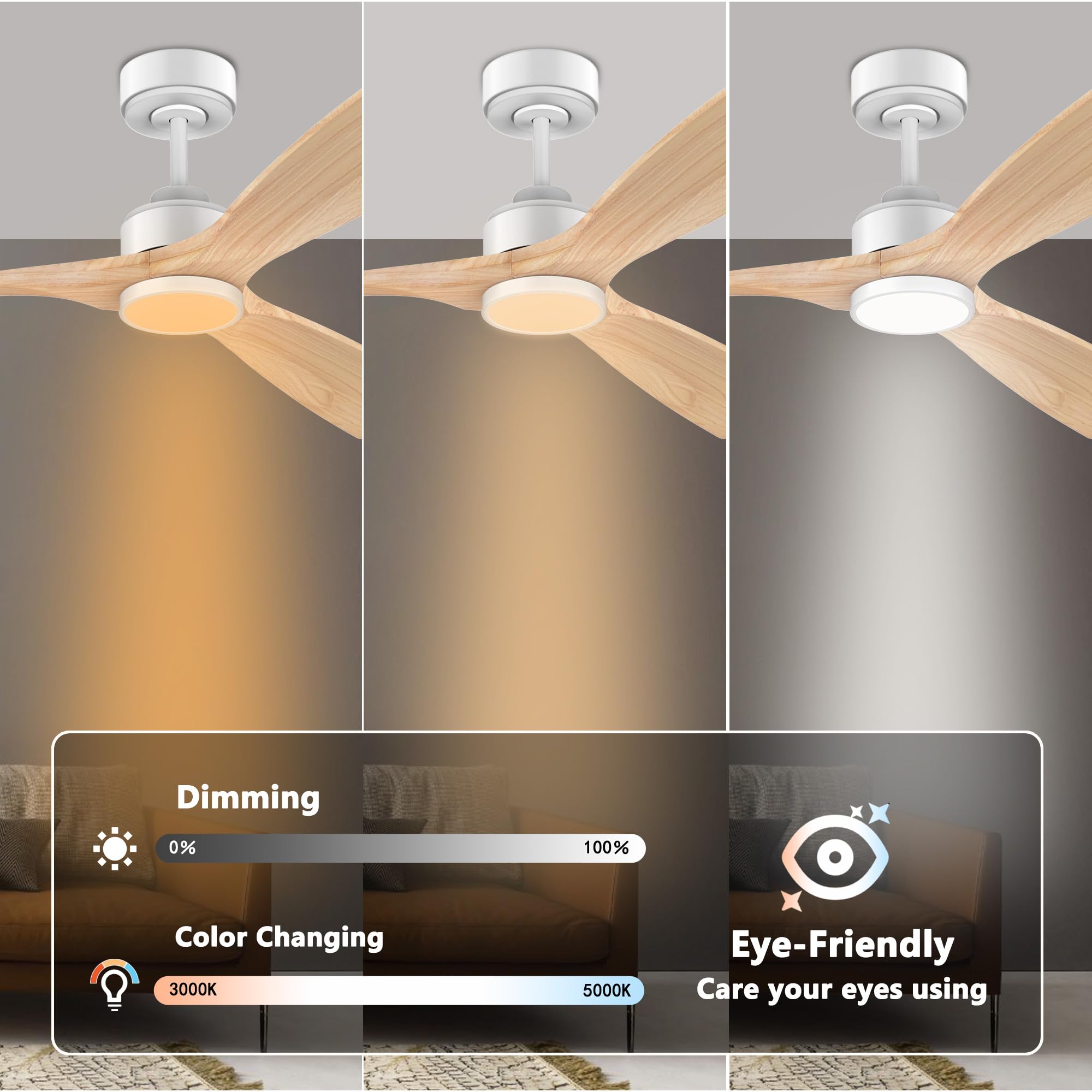 Ventilador de techo inteligente de madera de 52 pulgadas con luces largas, control por voz a través de WiFi Alexa, motor silencioso DC, ventilador de techo interior exterior último