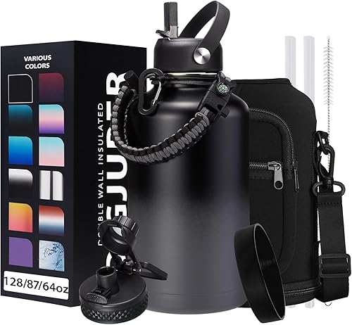 Botella de agua aislada de medio galón, con tapa de popote y boquilla, asa de paracaídas y bolsa de transporte, tapete protector para taza, botella