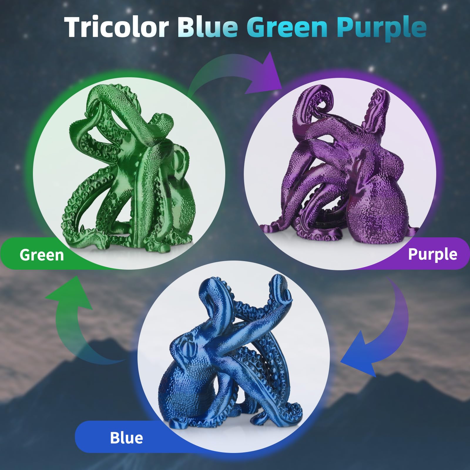 Filamento PLA de seda tricolor azul-verde-morado de 0.069 pulgadas, filamento de ácido poliláctico de seda multicolor para impresora 3D, carrete de 2.2 libras, precisión dimensional +/-0.02