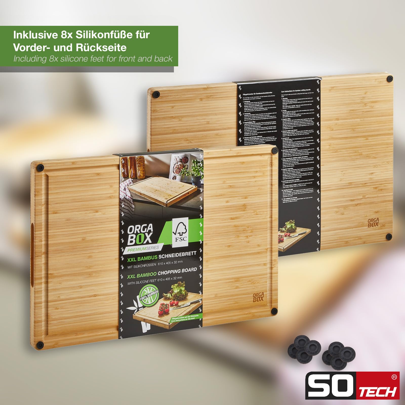 ORGA-BOX XXXL Schneidebrett massiv geölt aus 100% Bambus mit Griffmulde u. Saftrille | 61x40,5x3,2 cm | antibakteriell und rutschfest inkl. Silikonfüßen| zum Schneiden oder Anrichten von Lebensmitteln