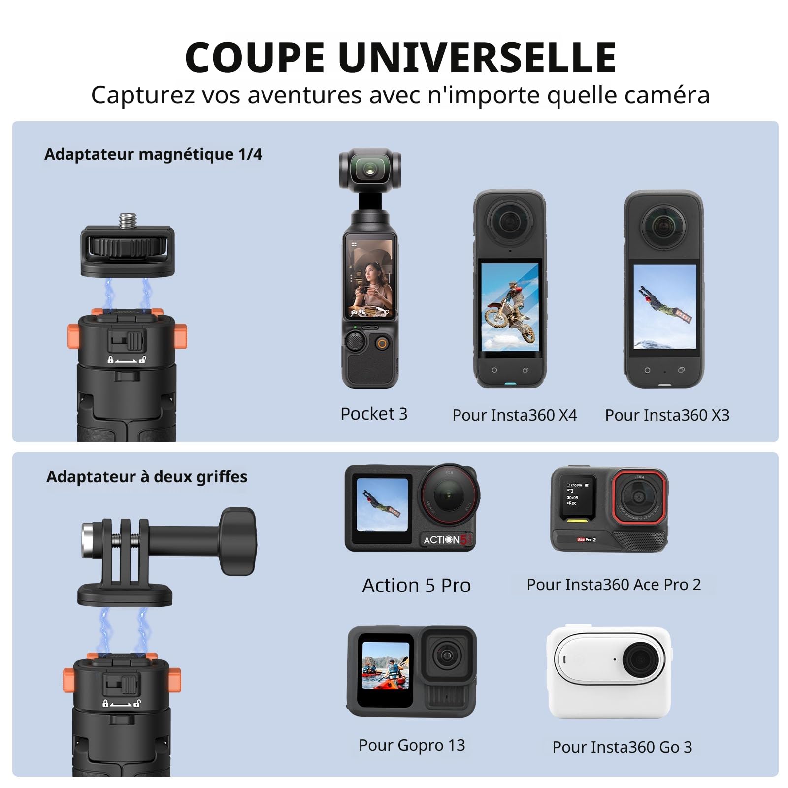 Osmo Pocket 3 Trépied Extensible Go Pro, Mini trépied Bureau Portable, vis dégagement Rapide 6,35 mm Vlog DJI Action 5 Pro Insta 360 X4