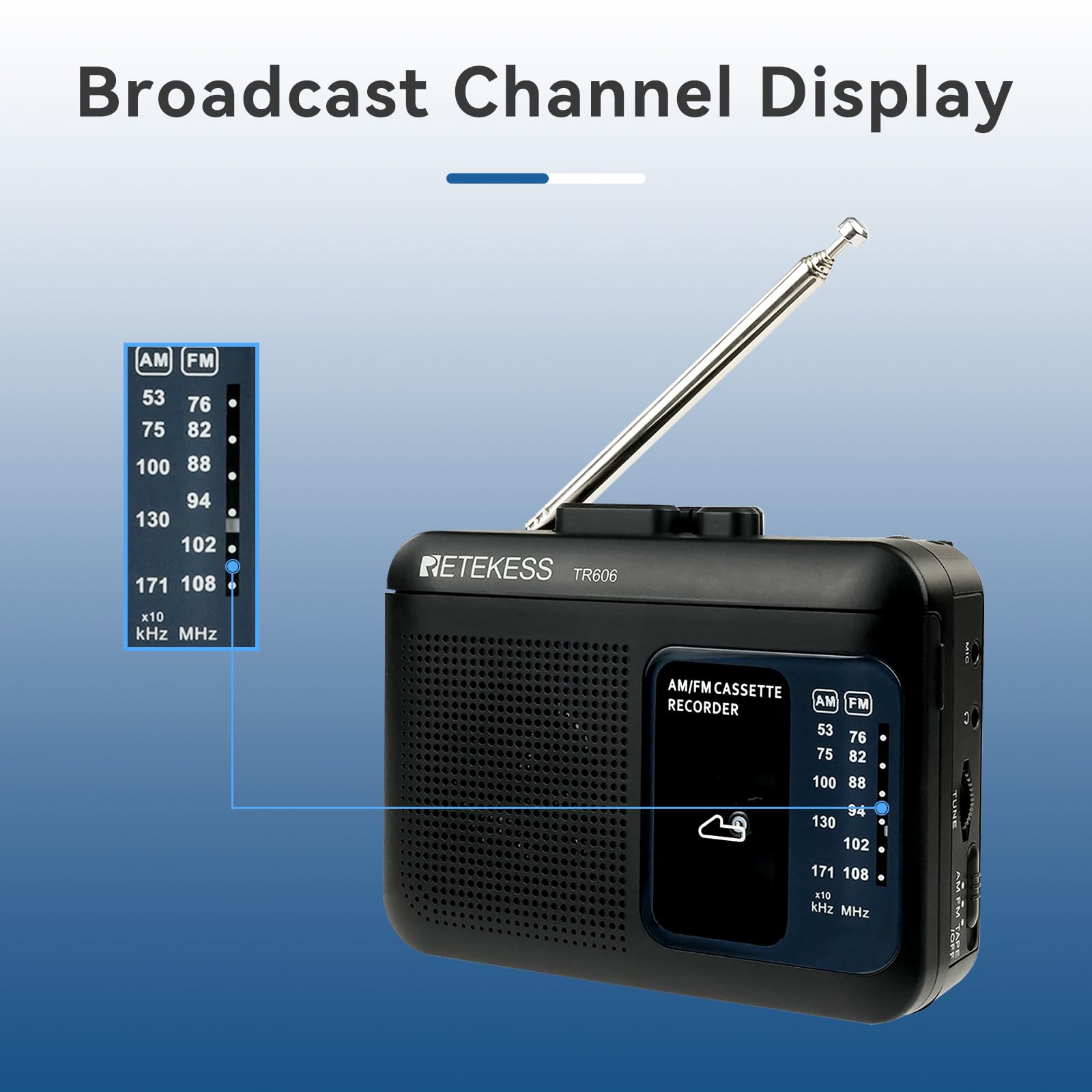 Retekess TR606 Przenośny Odtwarzacz Kasetowy, AM FM Radio(Czarny) | Dla Miłośników Muzyki, FM/AM, Dwa Sposoby Zasilania, Szybkie Przewijanie Do Przodu I Wstecz, Gniazdo Słuchawek 3,5mm