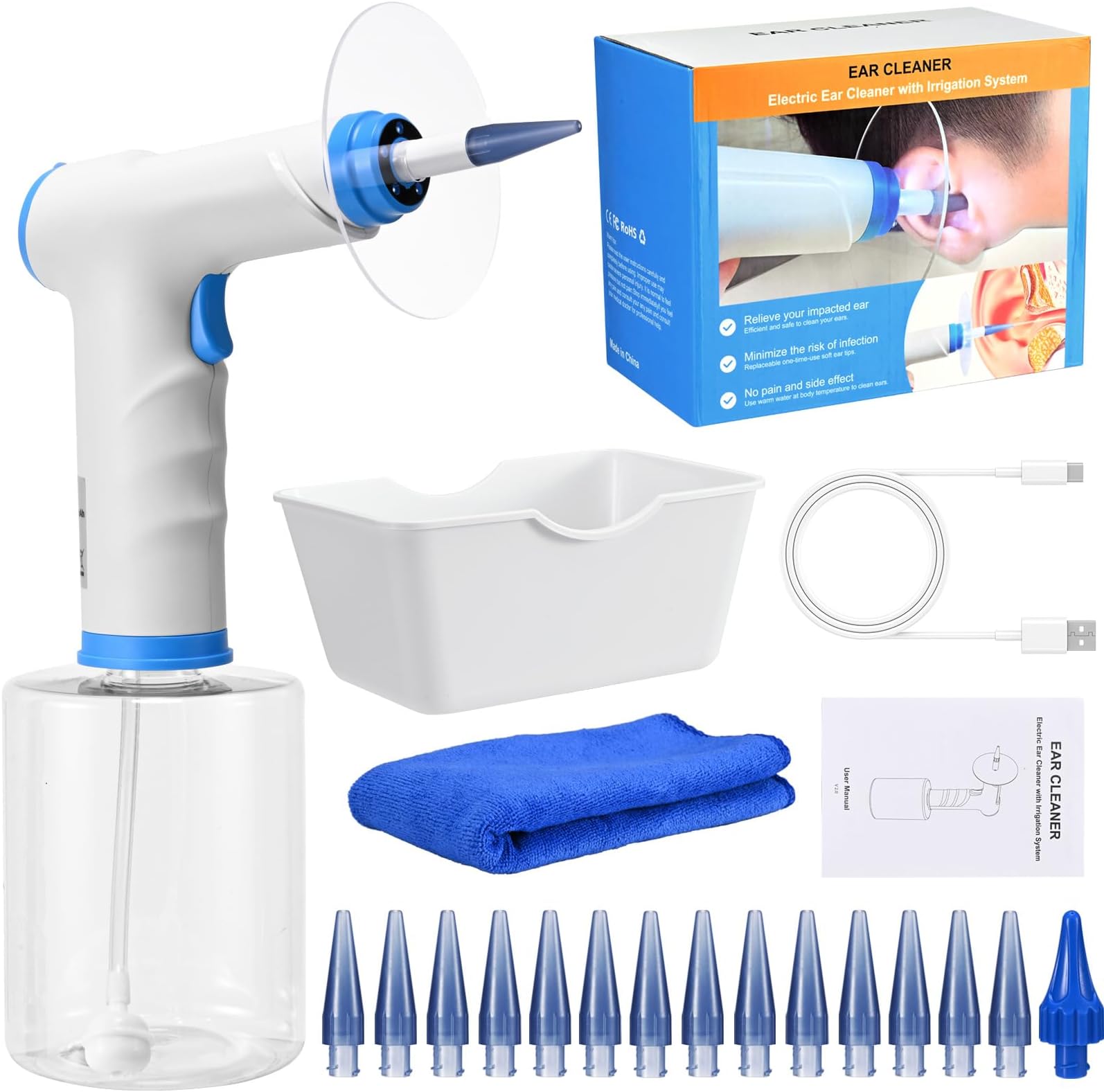 Ear Wax Removal Kit, Ear Wash Wax Cleaner Ear Irrigation Flushing System 4 Water Levels, Ear Flusher Washing for Heavy Wax Build Up Flush Kit for Adults