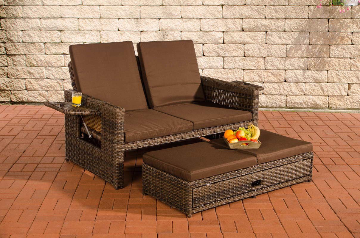 CLP Polyrattan 2er-Loungesofa Ancona 5mm I Rundrattan Garten-Sofa Mit Ausziehbarem Fußteil Und Verstellbarer Rückenlehne I, Farbe:braun-meliert, Polsterfarbe:Terrabraun