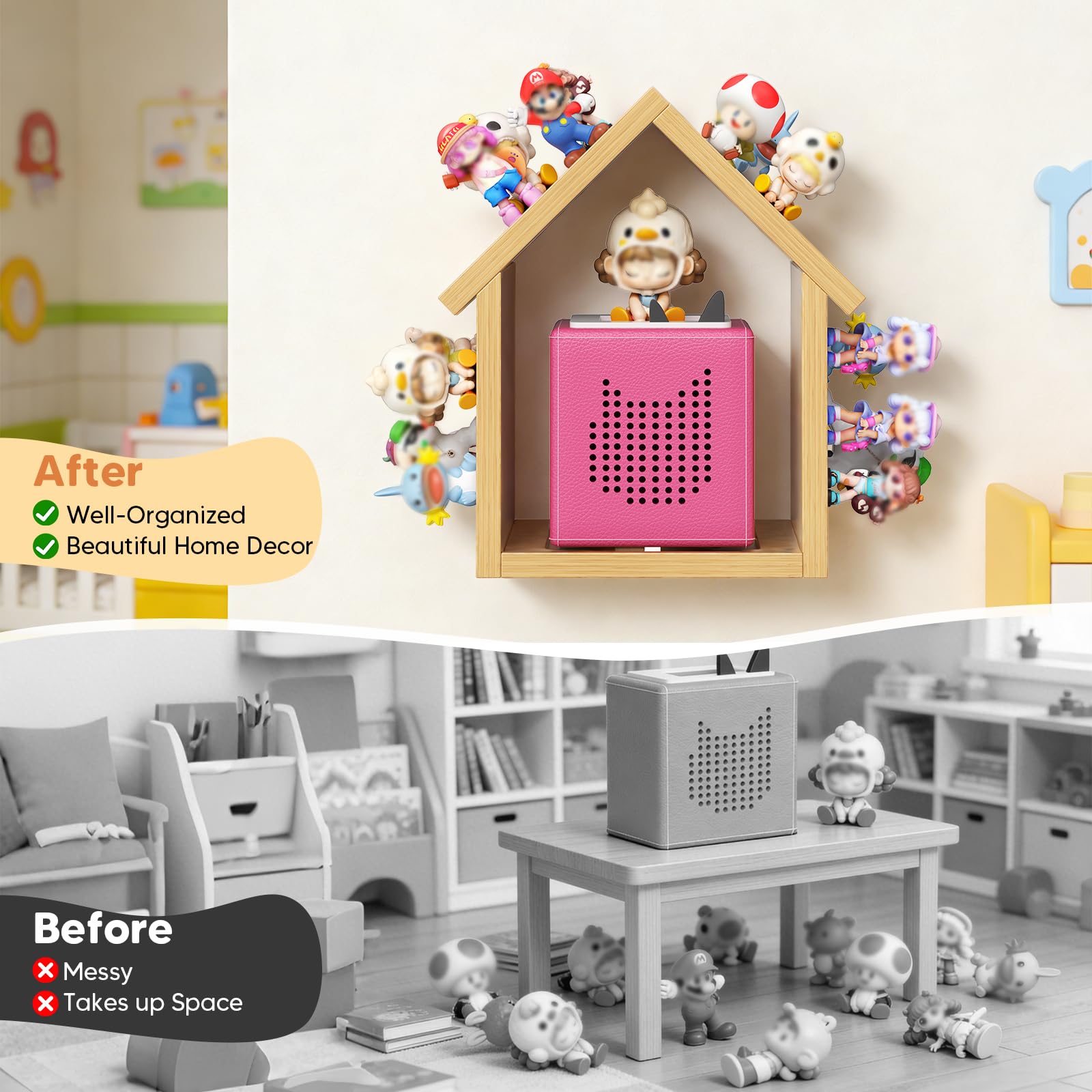 Étagère murale en bois pour figurines Tonies (12 à 40 pièces), étagère murale avec bandes magnétiques pour le rangement, étagère de présentation pour Tonies & Toniebox, design maison (moyen)