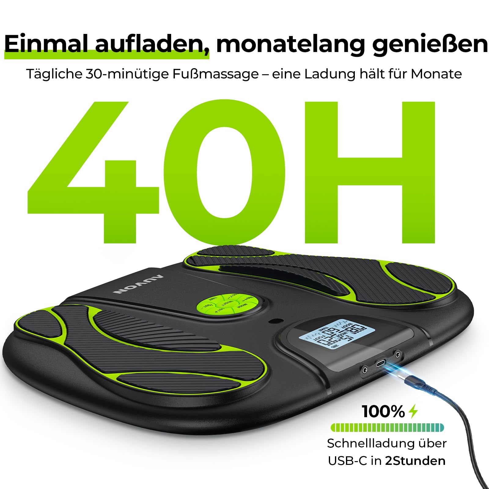 AUVON Fussmassagegerät & Durchblutungs-Stimulator für Fuß- & Beinschmerzen | TENS-Gerät mit 15 Modi & 50 Intensitätsstufen für medikamentenfreie Schmerzlinderung, EMS-Muskelstimulator mit 8 TENS-Pads