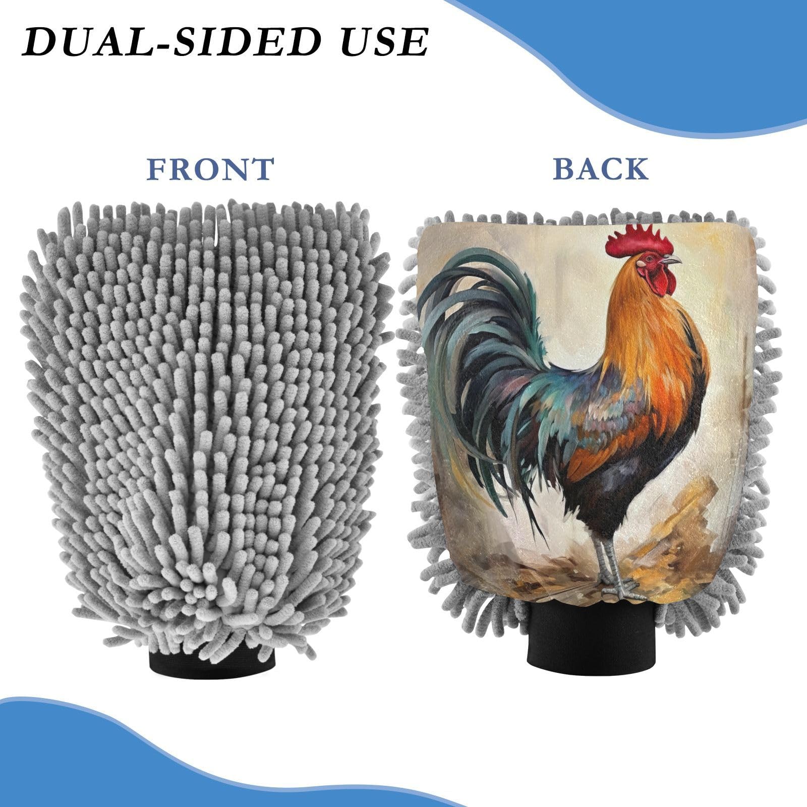 Flradish 2 Pack Retro Style Farmhouse Rooster Car Wash Mitt Chenille Microfiber Lint-Free Scratch Free Ultra-Soft Absorbent Car Wash Mitt 10.2x7.09 Inch