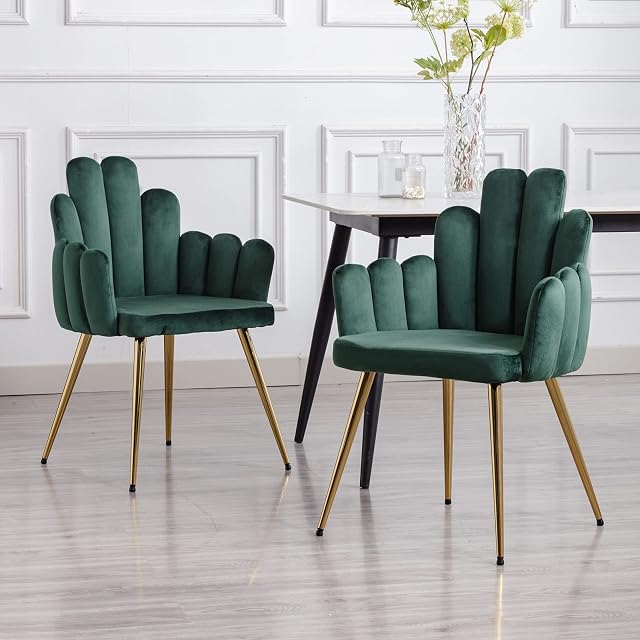 Wahson Dining Chairs Set of 2 Upholstered Velvet Kitchen Side Chairs with Armrests Metal Legs,Corner Chairs for Living Room/Lounge, Green