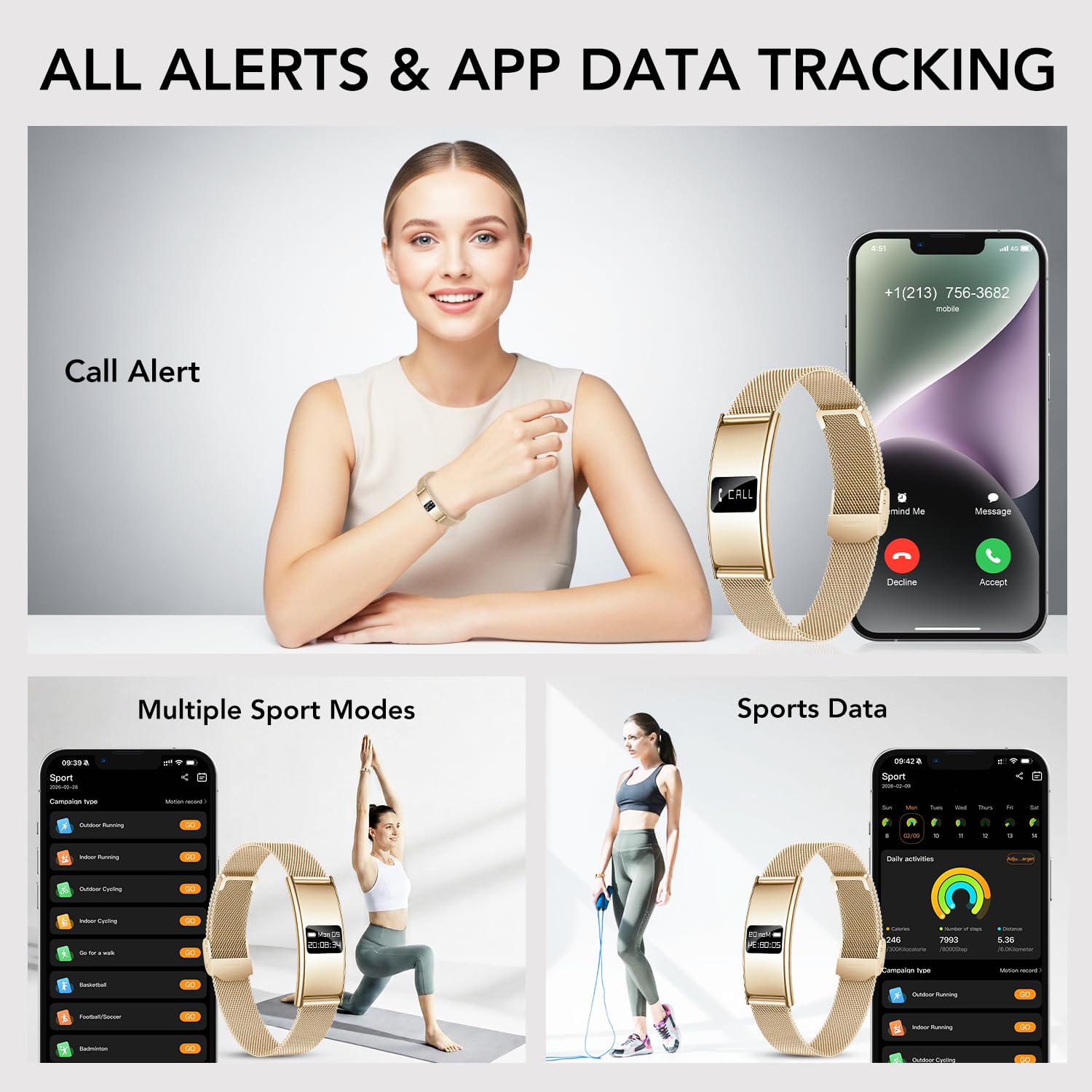 Bracelet Connectée Femme Fitness Tracker: Petite Montre Connectée Santé avec Rappel d'appel Fonction Féminine HRV Moniteur Sommeil Fréquence Cardiaque 5ATM Etanche Montre Sport pour Android iOS (Or)