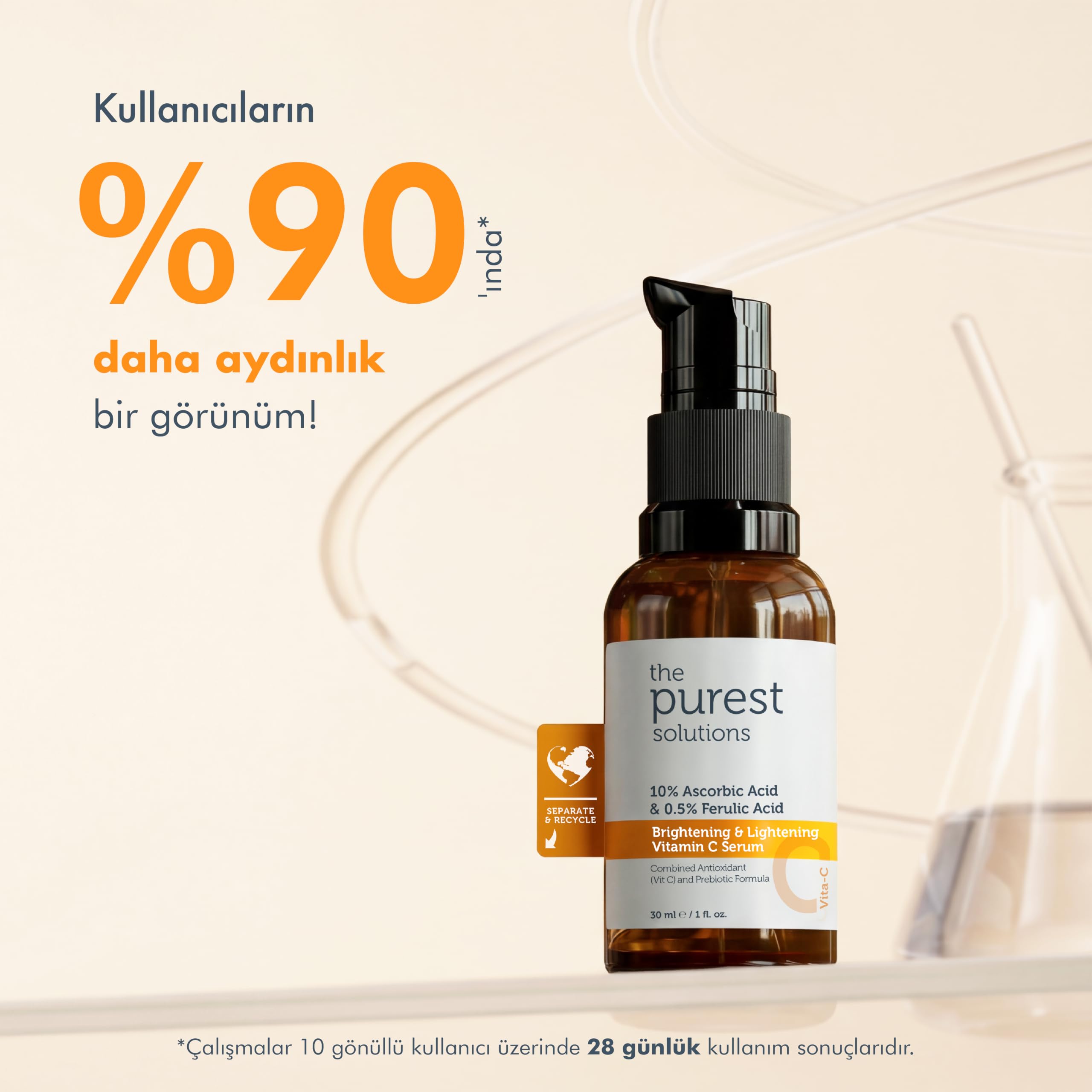 The Purest Solutions, C Vitamini Aydınlatıcı ve Cilt tonu Eşitleyici Cilt Bakım Serumu 30 ml (%10 Ascorbic Acid & Ferulic Acid%0,5)