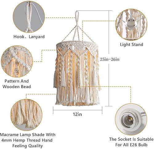 Miniatura 6 de Bioaqua Pantalla de lámpara bohemia, lámpara colgante bohemia hecha a mano de macramé, lámpara colgante enchufable, luces colgantes bohemias con