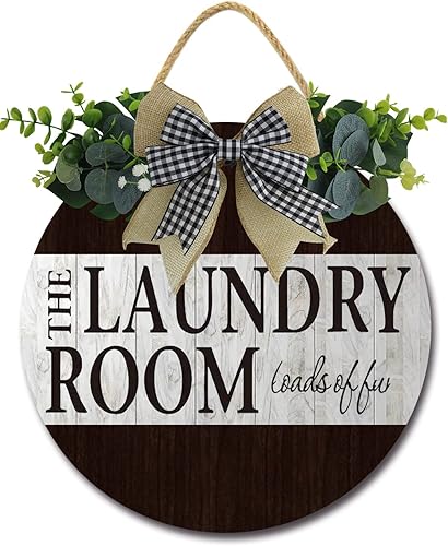 Letrero rústico de madera para cuarto de servicio, coronas para puerta de pared, decoración divertida, vintage, casa de lavado, casa de campo, 11