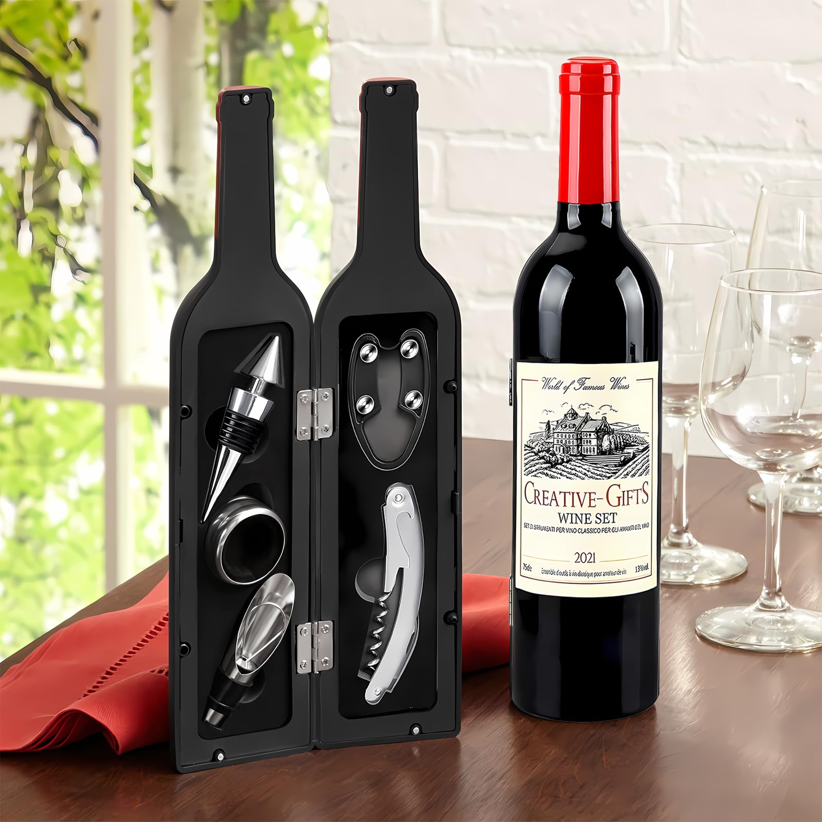Set di Accessori da Vino a Forma di Bottiglia di Vino, Set di cavatappi, Set Regalo di Accessori per Il Vino, Set di apribottiglie, Set di Sommelier del Vino con apribottiglie (Red bottle001)