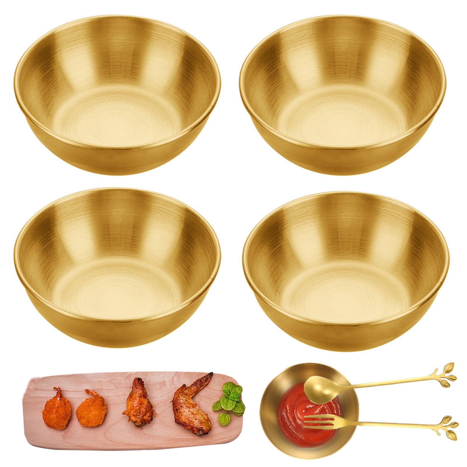 GIONAR 4 Pcs Dipping Bowls Set, Sauce Dish aus Stainless Steel, Gold Soy Sauce Dish with Small Forks und Spoon, Small Serving Bowls for Kitchen Home Restaurant