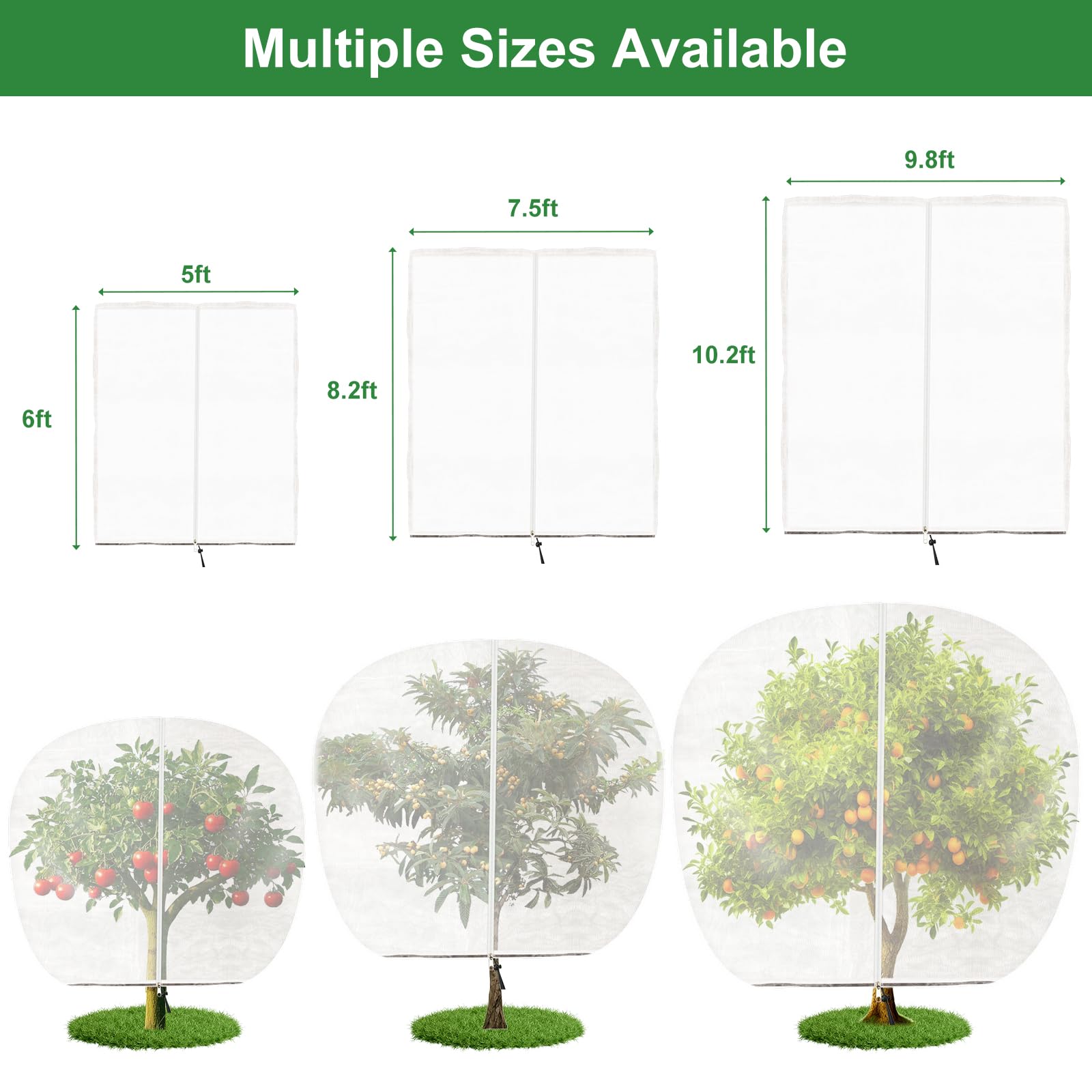 Paquete de 2 redes grandes para árboles frutales de 7.5 x 8.2 pies, cubierta de red de jardín con cremallera y cordón, red de barrera para insectos para proteger árboles frutales, arbustos, flores
