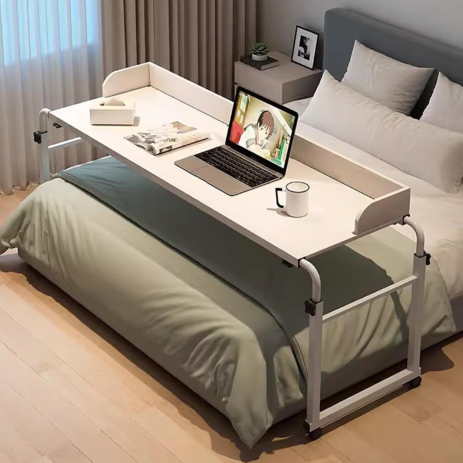 CGCSYZ Height Adjustable Overbed Laptop Trolley Desk - Portable Bed Table for Work & Study - Cross Bed Table with Wheels, Ideal for Hospital & Home Use, 65-95cm (White)