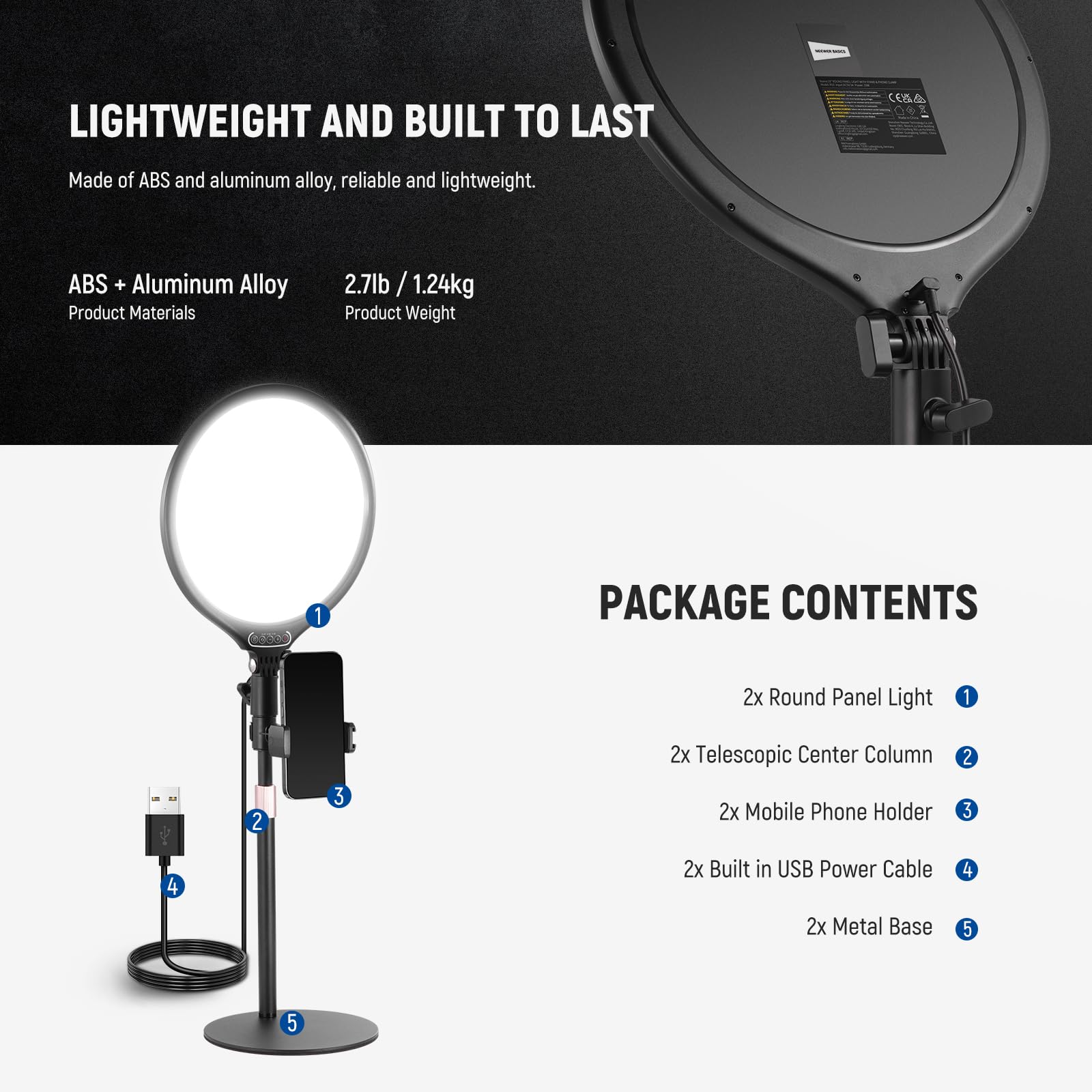 NEEWER Basics 2 Pack 10,5" 27cm Aro Luz Escritorio con Soporte/Soporte Móvil//Timer, 3000-6500K Full Screen 15W LED Panel Foco para iPhone Grabación Streaming Selfie Webcam Videoconferencia Zoom, R10