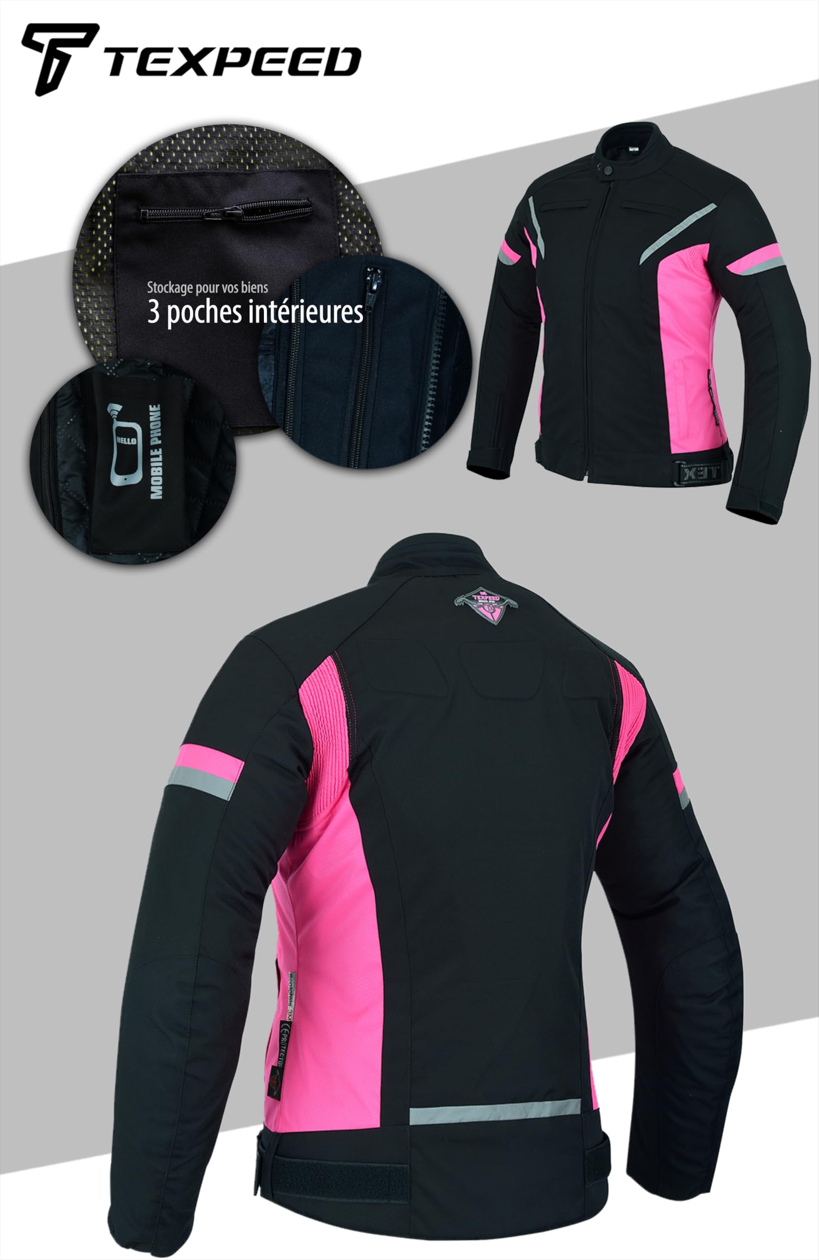 Texpeed Veste moto femme homologué - Manteau blouson en cordura textile imperméable pour femme avec armure de moto CE (EN 1621-1) Rose - M