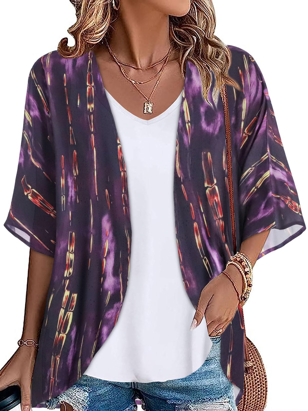 ADOREJOY Women's Tops Summer Kimono Cardigan Floral Print Puff Sleeve Swimsuit Cover Up Casual Loose Fit Blouse — view 12